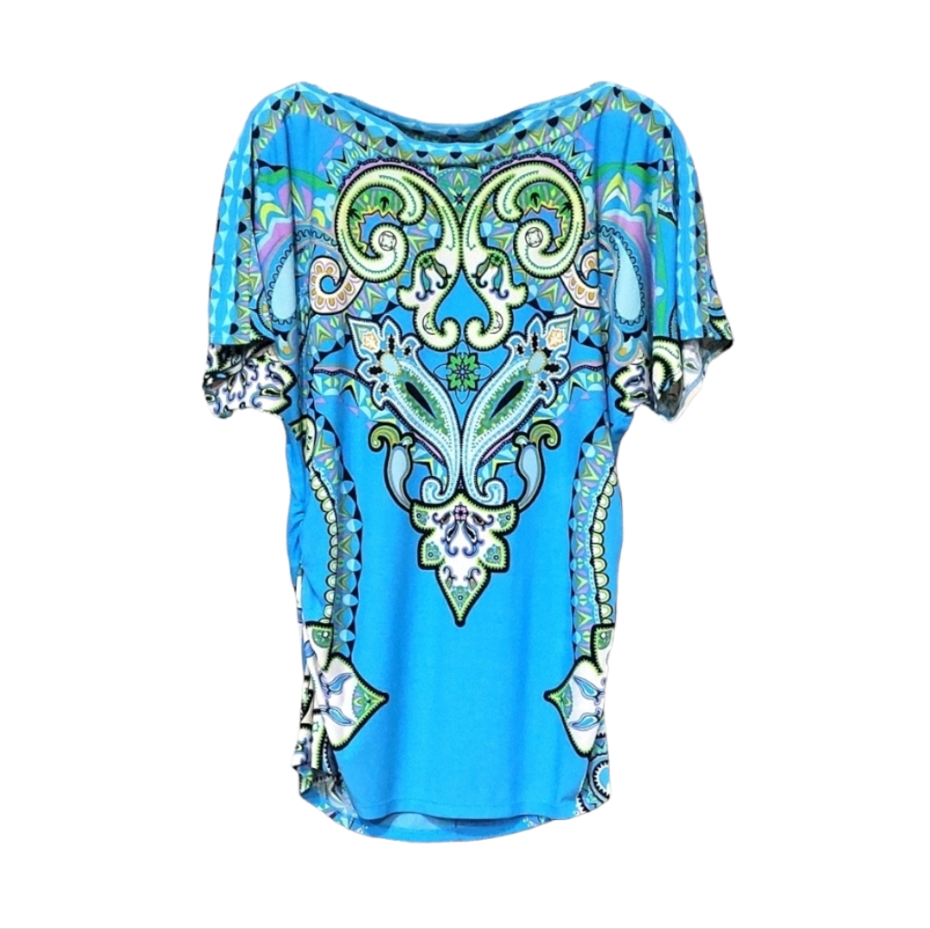 Nyco Stretch Blue Mosaic Print Top Short Sleeve Ruching Sides Size M New